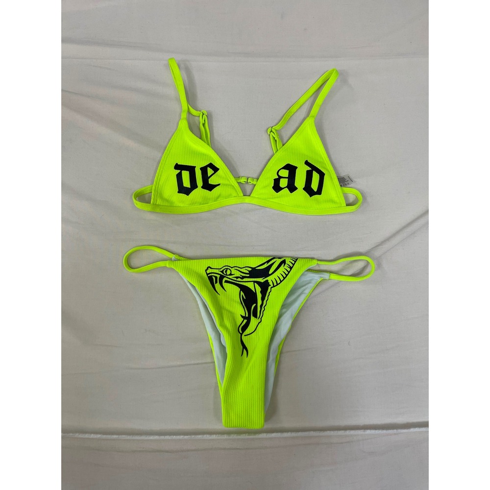Neon Yellow Ribbed Bikini Set‎ DEAD Snake Graphic Triangle Top High Cut Bottoms